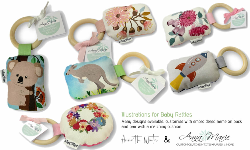 Personalised baby rattles with Australian animals and flowers